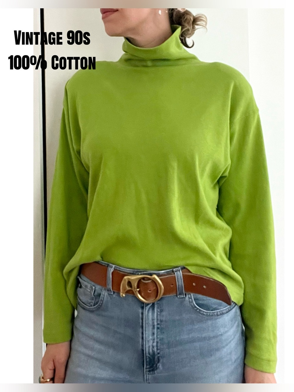 Vintage Early 90s Chartreuse 100% Cotton Turtleneck